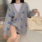 Long-sleeve Cherry Printed Knit Cardigan Gray - One Size