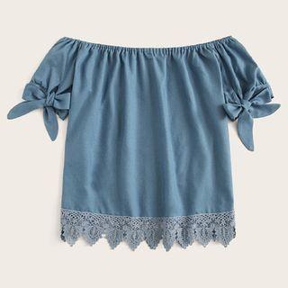 Off-shoulder Short-sleeve Crochet-hem Denim Top
