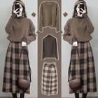 Set: Plain Sweater + Turtleneck Long-sleeve T-shirt + Plaid Midi A-line Skirt