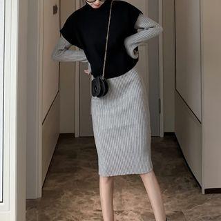Set: Mock-neck Sweater Vest + Knit Sheath Dress Set Of 2 - Vest & Dress - Black & Gray - One Size