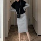 Set: Mock-neck Sweater Vest + Knit Sheath Dress Set Of 2 - Vest & Dress - Black & Gray - One Size