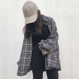 Plaid Balloon-sleeve Snap Button Jacket