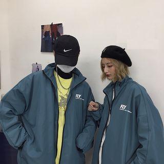 Couple Matching Lettering Zip Coat Blue - One Size