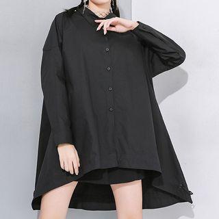 Drawstring-cuff Mini Shirtdress Black - One Size
