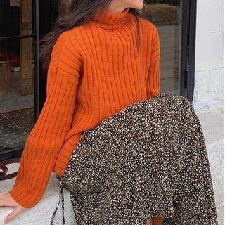 Ribbed Knit Sweater / Long-sleeve Floral Print Midi A-line Dress