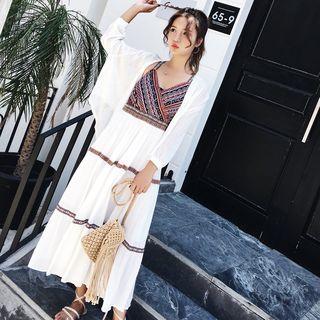Spaghetti Strap Patterned Panel A-line Midi Sun Dress