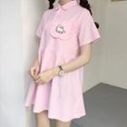 Cat Embroidered Short Sleeve Collared Dress