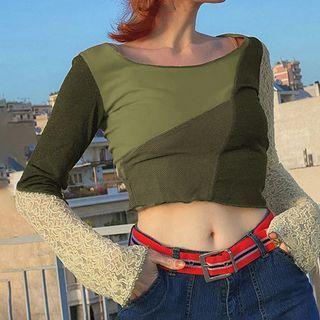 Long Sleeve Lace-panel Color-block Crop Top