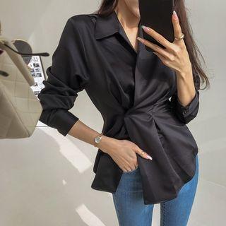 Wrap-front Peplum Satin Shirt