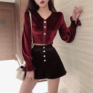 V-neck Long-sleeve Corduroy Top / High-waist Wide-leg Shorts