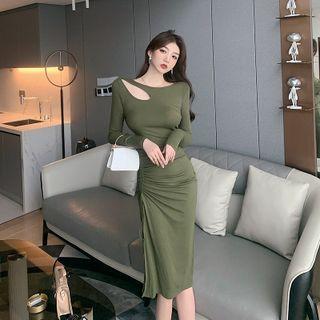 Long-sleeve Cutout Drawstring Midi Sheath Dress