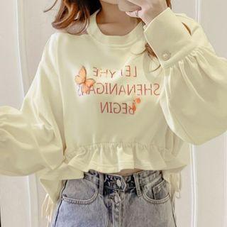 Long-sleeve Print Mesh Panel Ruffle Trim Cropped T-shirt