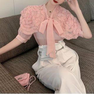 Short-sleeve Lace Blouse / Dress Pants