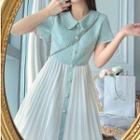 Short-sleeve Faux-pearl Frill Trim Pleated Dress