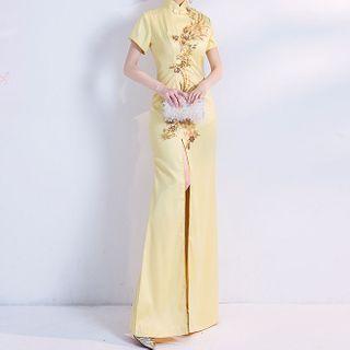 Embroidered Short-sleeve Slit Maxi Qipao