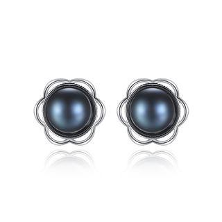 Sterling Silver Simple Elegant Flower Black Freshwater Pearl Stud Earrings Silver - One Size