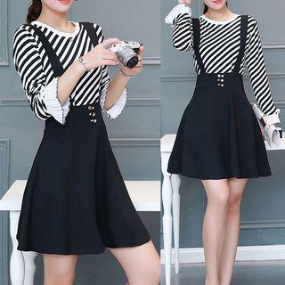 Set: Stripe Long-sleeve T-shirt + Suspender Skirt