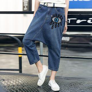 Sequined Eye Drop Crotch Cropped Jeans