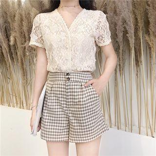 V-neck Lace Short-sleeve Top Almond - One Size