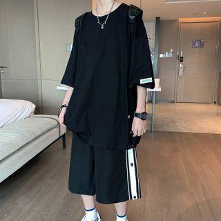Round-neck Button-up Oversize Top / High-waist Two Tone Shorts