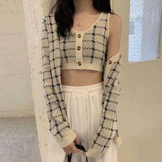 Plaid Cropped Knit Tank Top / Cardigan