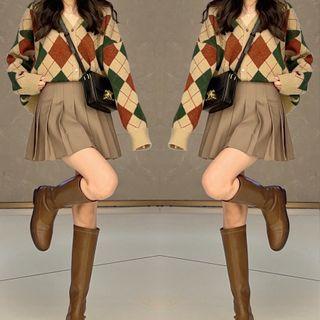 Argyle Cardigan / Pleated Skirt / Set