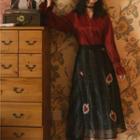 Set: Flare-sleeve Shirt + Mesh A-line Skirt