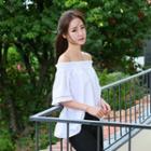 Off-shoulder Elbow-sleeve Perforated-trim Top