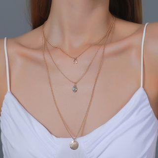 Disc & Rhinestone Pendant Layered Alloy Necklace Gold - One Size