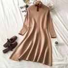 Long-sleeve Midi A-line Knit Dress Khaki - One Size