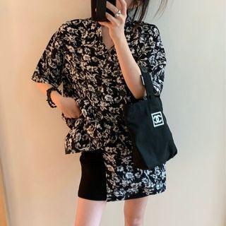 Short-sleeve Floral Print Shirt Floral - White & Black - One Size