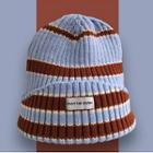 Lettering Patch Striped Ribbed Knit Beanie