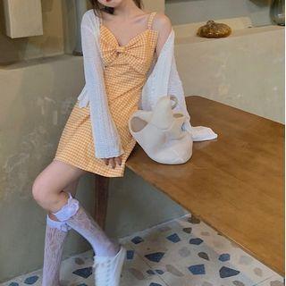 Bow Plaid Strappy A-line Dress / Knit Light Jacket