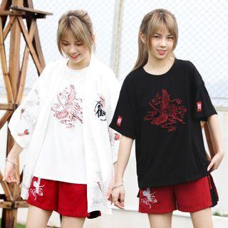 Elbow-sleeve Crane Embroidered T-shirt / Shorts / Set