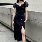 Buckle Detail Short-sleeve Midi Sheath Dress