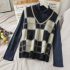 Mock-neck Plain Top / V-neck Plaid Vest