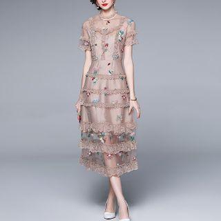 Short-sleeve Lace Trim Mesh Midi A-line Dress