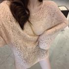 Plain Long-sleeve Oversize Knit Top Nude Pink - One Size