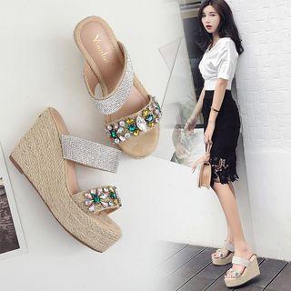 Rhinestone Floral Wedge Platform Sandals