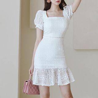 Set: Short-sleeve Lace Blouse + Ruffle Mini Pencil Skirt