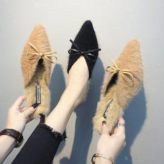 Pointed Bow-accent Furry Kitten Heel Mules