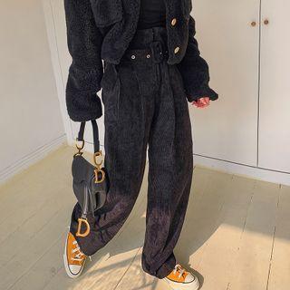 Pleated Paperbag-waist Corduroy Wide-leg Pants Black - One Size