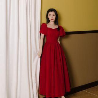 Puff-sleeve Lace-up Maxi A-line Evening Dress