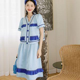 Ruffle Panel Cropped Jacket / Midi A-line Skirt