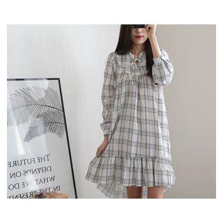 Ribbon-neck Ruffle-hem Check Dress