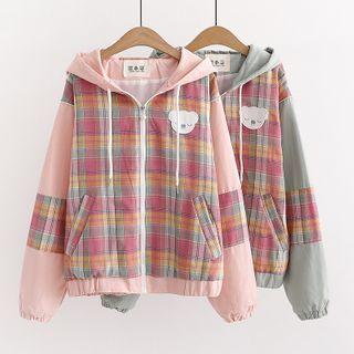 Koala Applique Plaid Hooded Zip Jacket