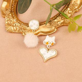 Cat Heart Pom Pom Asymmetrical Dangle Earring