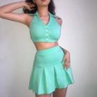 Set: Collared Cropped Halter Top + Mini A-line Skirt