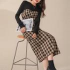 Mock Two-piece Long-sleeve Plaid Panel Knit Midi Sheath Dress