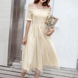 Elbow-sleeve Polka Dot Mesh Paneled A-line Midi Dress
